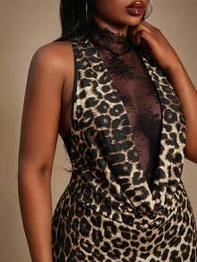 Radiana Women's Multicolor Plus Size Leopard Print Sleeveless Knitted Fabric Bodycon Maxi Dress With Stand Collar - Multicolor - View 7