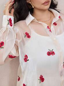 Modelyn Women's Plus Size Long Sleeve Elegant Floral Embroidery Blouse - Apricot - View 7