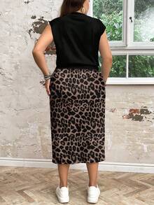 SHEIN LUNE 2 bộ áo chui đầu và váy cổ tròn rộng rãi cho nữ cỡ lớn, phù hợp cho mùa thu/đông - màu đen - Xem 2