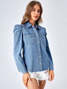 EMERY ROSE Plus Size Casual Puff Sleeve Denim Blouse, Suitable For Commuting In Autumn - Blue - View 5