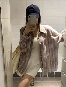 DAZY Women's Striped Minimalist Long Sleeve Shirt, Casual Everyday Wear - Brown - View 7