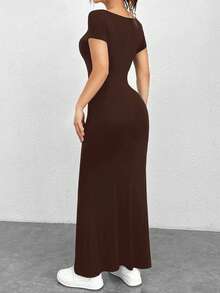 SHEIN EZwear Summer Outfits Square Neck Mermaid Hem Bodycon Dress - Brown - View 2