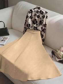 Franclia 优雅时尚印花衬衫和百褶中长裙两件套，适合叠穿或单穿，秋冬款 - 卡其色 - 查看 2