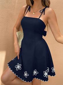 SHEIN Frenchy Đầm ngắn dự tiệc thời trang nữ, kiểu dáng thắt nơ, có dây đeo. - Màu xanh hải quân - Xem 3