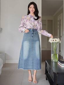 DAZY Women's Elegant Floral Print Tie Collar Blouse, Spring/Summer - Purple - View 6