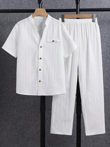 SHEIN 2 piezas Conjunto informal de vacaciones para niño preadolescente, versátil, de unicolor, tela texturizada, camisa y pantalones a rayas de onda blanca, adecuado para ir al trabajo, la escuela, el uso diario casual, deportes, primavera/verano - Naranja - Ver 4