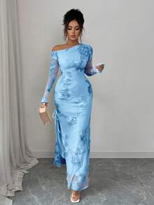 Rafferiza 女士提花网纱不对称开衩连衣裙 - 藍色 - 查看 4