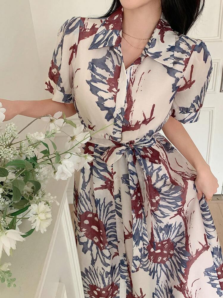 DAZY 女士优雅印花系带中长连衣裙，春夏婚礼宾客礼服 - 紫色 - 查看 5