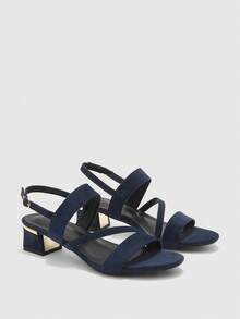 CUCCOO BIZCHIC Giày sandal mũi tròn màu xanh hải quân dành cho nữ, kiểu dáng thanh lịch kiểu Pháp, quai ngang dày, gót cao, phù hợp với váy mùa hè. - Màu xanh lam - Xem 7