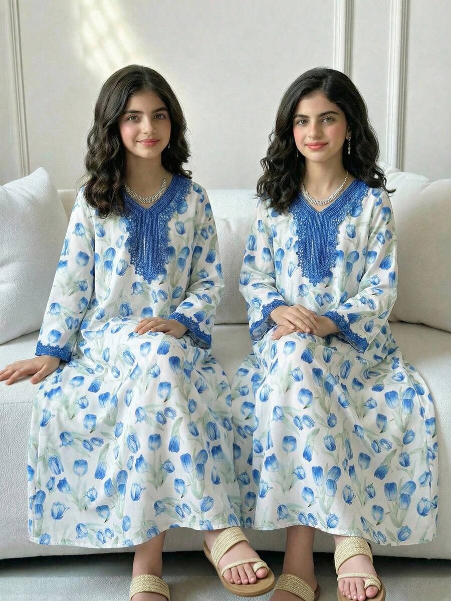 Tween Girl Floral Print V-Neck Lace Patchwork Long Sleeve Dress - Blue - View 1