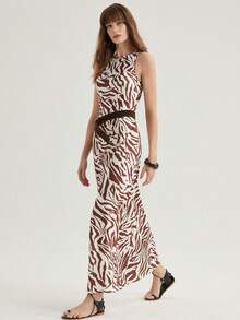 Aveloria Modichic Vestido con estampado de cebra marrón sobre base blanca, con costura suave y acabado, de estilo moderno y fashion, adecuado para discoteca, cita, fiesta de verano, picnic, uso diario, con elemento de estampado animal, ligero y entallado - Marrón - Ver 6