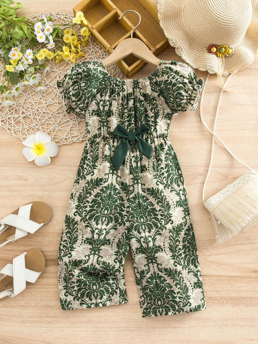 SHEIN 女婴碎花短袖连体衣,度假风 - 綠色 - 查看 1