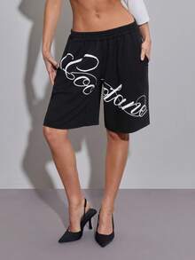 SHEIN ICON Loose Fit English Print Women Shorts - Black - View 3