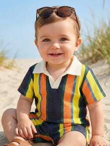 SHEIN Playful Pals Bộ 2 món cho bé trai, áo polo cổ bẻ phối sọc tương phản, tay ngắn, nhiều màu sắc, thích hợp cho dã ngoại, mặc thường ngày, thể thao, dự tiệc, thể hiện sự năng động và cá tính. - màu đen - Xem 7