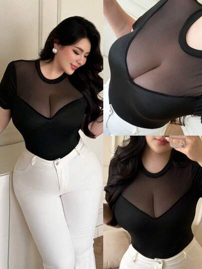 Vibekara Camiseta negra transparente de manga corta sexy de talla grande, primavera/verano