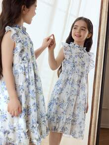 SHEIN Elladie kids Đầm hoa không tay dáng phồng in hình hoa hồng cho bé gái 2-5 tuổi, khóa kéo phía sau, thanh lịch, đa năng, ngọt ngào và dễ thương, kiểu đầm công chúa thích hợp mặc hàng ngày, mùa xuân/hè. - Màu xanh lam - Xem 7