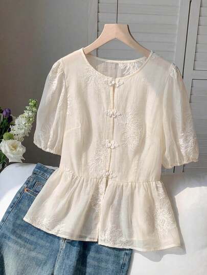 Franclia Blusa de manga corta con botones bordados y nudos de estilo chino para mujer de talla grande, primavera/verano