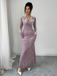 Rafferiza Đầm midi dài tay ôm dáng cổ xếp ly bằng nhung họa tiết chấm bi dành cho nữ, thích hợp cho mùa đông. - Màu tím - Xem 5