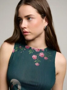 Nöista Áo kiểu ôm sát in họa tiết. Áo lưới không tay cổ tròn in hình thiên nga. Thích hợp cho các dịp lễ hội, nghỉ dưỡng, mùa xuân và hè. - Màu xanh lá cây đậm - Xem 5