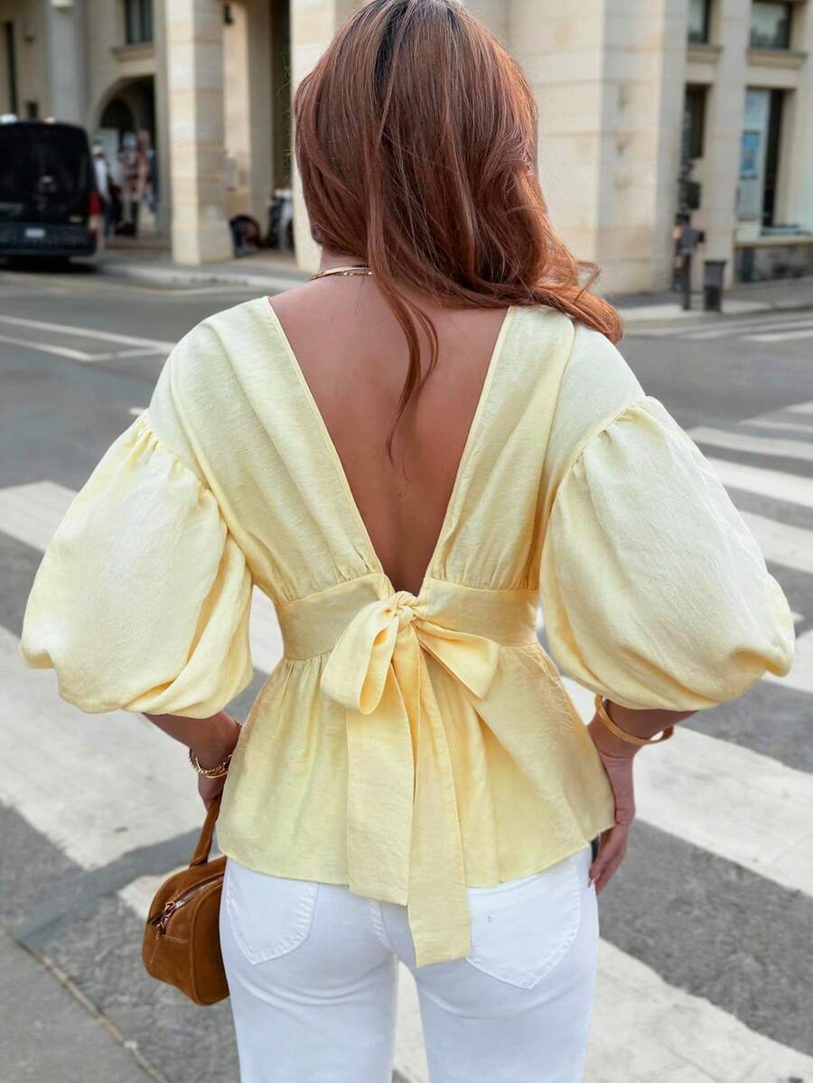 Pariaura 2026新款春夏圆领上衣，甜美灯笼袖奶油黄休闲宽松露背蝴蝶结衬衫，夏季亚麻质感面料舒适百搭奶油黄女士露背系带腰衬衫 - 鵝黃色 - 查看 1
