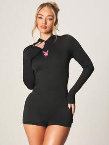 Missguided x Playboy Hooded Long Sleeve Bodysuit With Cut Out Back Detail And Pink Bunny Chest Logo For Casual Weekend Wear Fall Winter - Black - View 5
