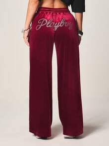 Missguided x Playboy Luxurious Burgundy Velvet Wide Leg Sweatpants With Drawstring Waist And Rhinestone Text Detail For Casual Comfort And Loungewear - Burgundy - View 2