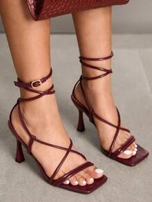 CUCCOO SZL Giày sandal cao gót mũi vuông mỏng màu cà phê thời trang dành cho nữ, kiểu dáng gợi cảm, thích hợp cho tiệc tùng, dạ hội, hẹn hò, hộp đêm. - Màu Đỏ Sâu - Xem 9