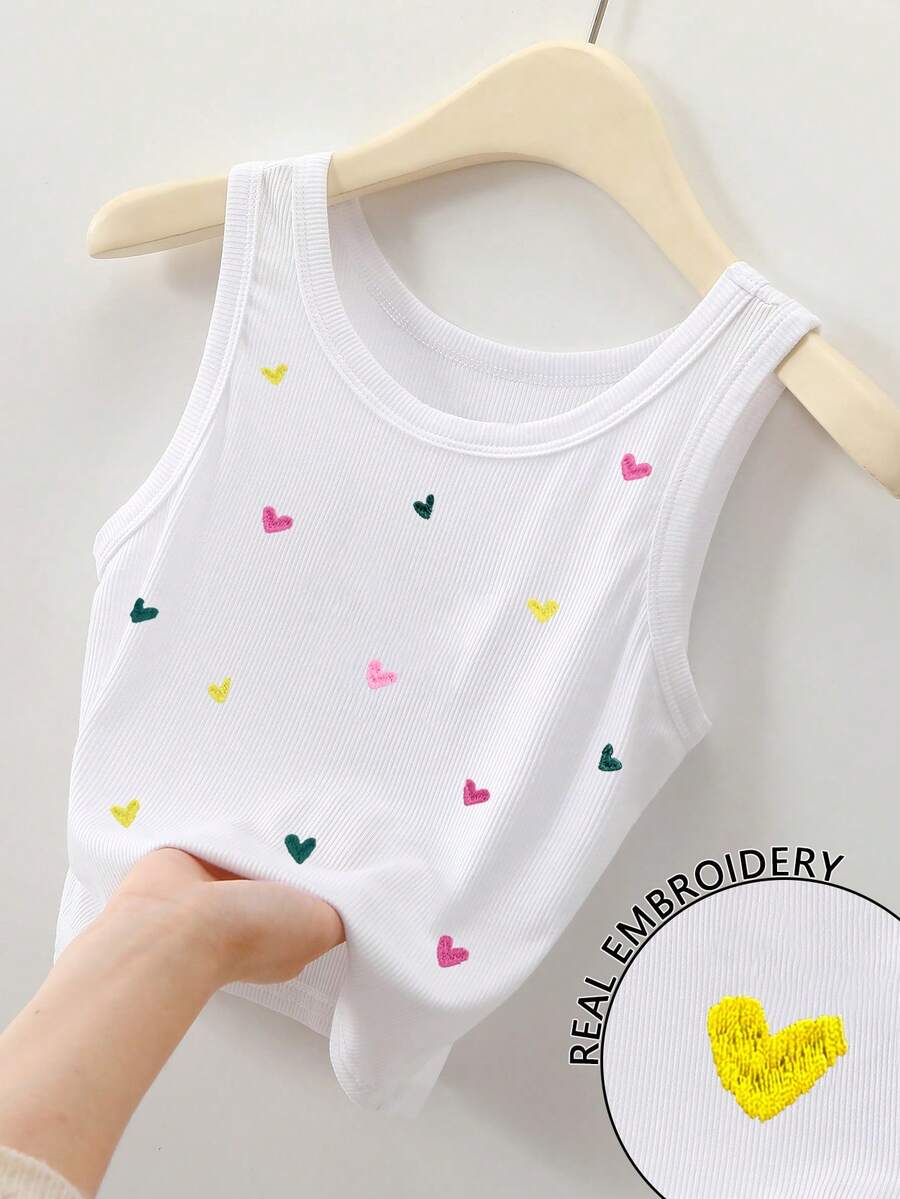 Resyla Colorful Heart Pattern Embroidered Women's Round Neck Camisole - White - View 1