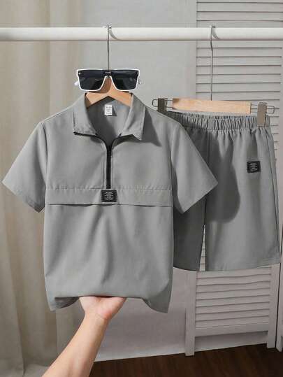 SHEIN 两件套男童休闲Polo领半拉链短袖衬衫和短裤套装，灰色，适合上学、演出、婚礼、郊游、节日派对、度假、春夏穿着。
