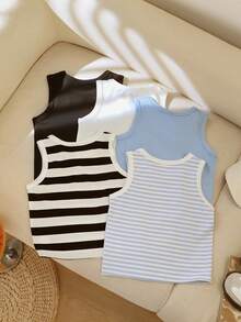 SHEIN 5pcs Baby Boys Toddler Blue White Stripe Solid Print Sleeveless Tank Tops - Multicolor - View 2