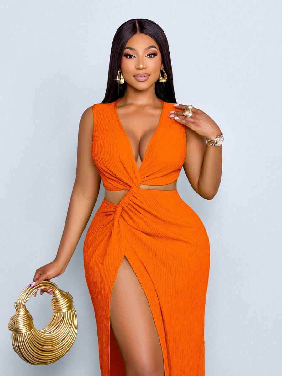 SOLERSUN Plus-Size Women's Sexy Spring/Summer Dress, Solid Color Textured Fabric, High-Slit Long Skirt, Cutout Waist With Knotted Details, Suitable For Romantic Occasions, Valentine's Day, Parties, Music Festivals, Beach Vacations, And Other Vacation Wear. Stylish And Versatile, Perfect For Summer Getaways. Curve Skirt Set Brunch 2 Piece Set Orange 2 Piece Set Curve Sexy Dress - Burnt Orange - View 1