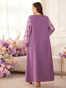 Al Najma Elegant Contrast Lace Flare Sleeve Dress, Spring/Summer - Multicolor - View 3