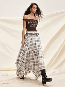 Easelle Plaid Woven Asymmetrical Hem Women Skirt Summer Spring Going Out Vacation Outfits Women Casual  Ruffle Apricot - Multicolor - View 7