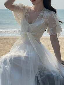 DAZY Women's Fashionable Vacation Sheer Tie-Up Lightweight Jacket, Summer - White - View 3