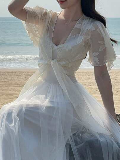 DAZY Women's Fashionable Vacation Sheer Tie-Up Lightweight Jacket, Summer