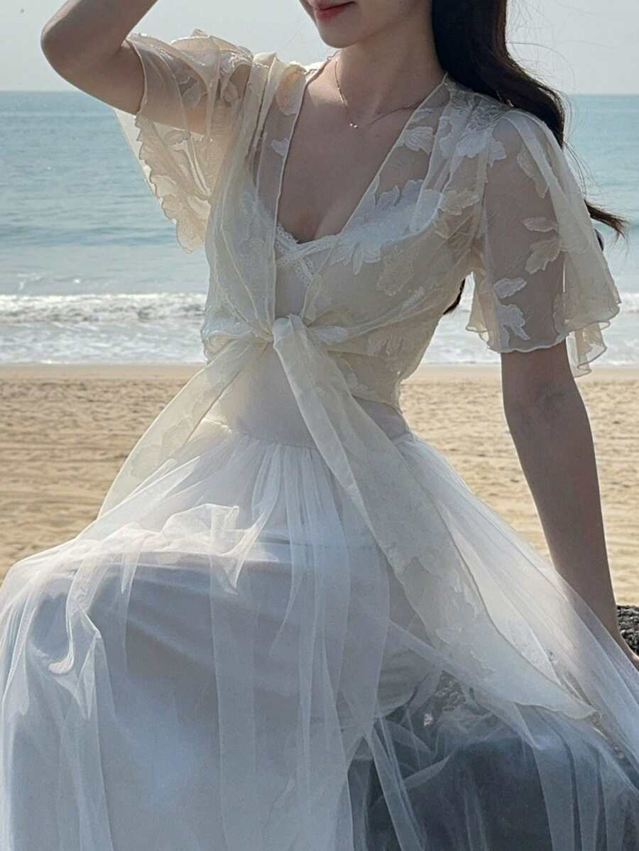 DAZY 女士时尚度假薄纱系带轻薄外套，夏季 - 白色 - 查看 1