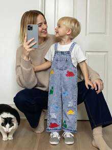 Young Boy New Fashion Casual Boho Basic Colorful Cartoon Dinosaur Print Distressed Denim Bib Overalls Jumpsuit Spring Summer,For Kids Boys Spring/Summer Dailywear Outfits,Boys Streetwear Outfits,Boys Beach Outfit,Vacation Outfits For Boys,Casual Clothes For Boys,Graphic Jumpsuit,Toddler Jumpsuit,4-Year-Old Boys Jumpsuit ,Summer Jumpsuit,Casual Jumpsuit - Light Wash - View 9