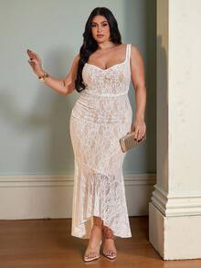 SHEIN BAE Đầm dáng ôm vừa vặn, cổ tim, đuôi cá, ren dành cho nữ cỡ lớn, thích hợp cho kỳ nghỉ, hẹn hò, tiệc tùng. - Nhiều màu - Xem 8