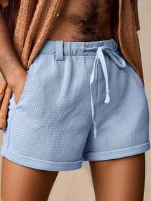 Manfinity VCAY Men's Casual Woven Mid-Waist Rolled Hem Shorts Loose Shorts Comfy Shorts Lounge Shorts Baby Blue Shorts Light Blue Shorts Elastic Waist Shorts Casual Shorts Drawstring Shorts Blue Waffle Shorts Men's Blue Shorts Women Summer Shorts Women's Shorts Summer Blue Shorts For Women - Baby Blue - View 8