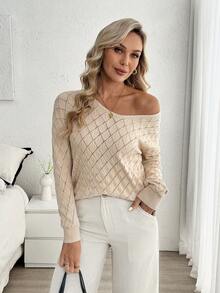 Louniche Damen Locker Lässig Diamant Jacquard Strukturierter Langarm Pullover, Einfarbig, Frühling/Sommer - Aprikosenfarben - Übersicht 5