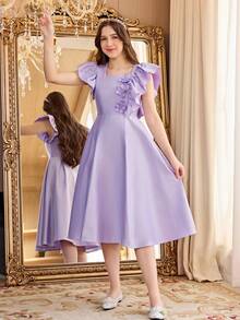 SHEIN Đầm công chúa dáng chữ A màu tím sang trọng, thanh lịch với bèo nhún dành cho thiếu nữ. - Màu tím hoa cà - Xem 3