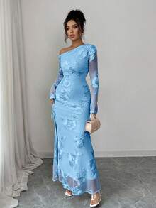 Rafferiza 女士提花网纱不对称开衩连衣裙 - 藍色 - 查看 6