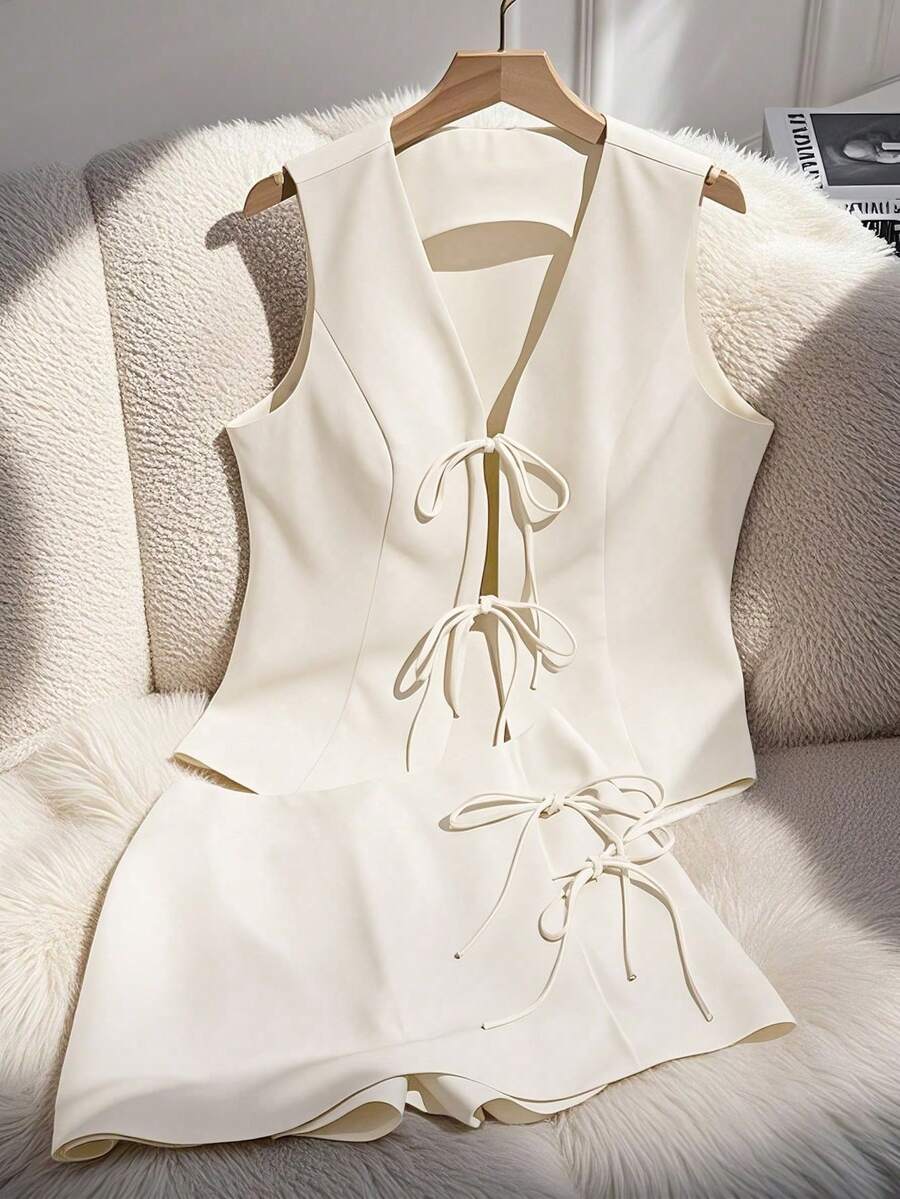 Franclia 女士休闲纯色系带吊带背心短裤两件套 米白色套装 女士象牙色套装 米白色半身裙和上衣 米白色两件套 抽绳上衣 - 米色 - 查看 1