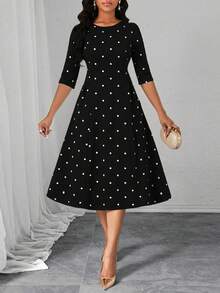 SHEIN Lady 女士波点圆领休闲收腰中长派对连衣裙 - Pearl White - 查看 4