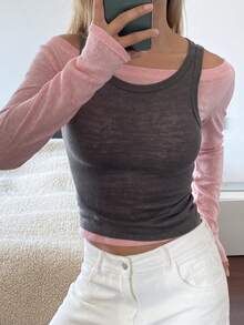 DAZY 2 piezas Conjunto de camiseta de manga larga y camiseta sin mangas de ajuste ceñido de unicolor para mujer, ropa casual de vacaciones, conjunto de ropa de estar en primavera/otoño para mujer - Rosa - Ver 3
