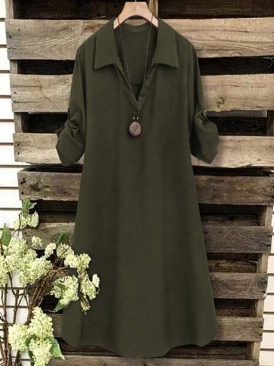 SHEIN Tall CURVE 大码女式法式休闲V领短袖夏季连衣裙 - 軍綠色 - 查看 1
