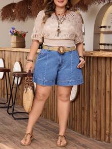 EMERY ROSE Plus Size Women's Casual Daily Commute Versatile Mid-Blue Washed Denim Loose Shorts With Side Pockets, Summer - Medium Wash - View 5