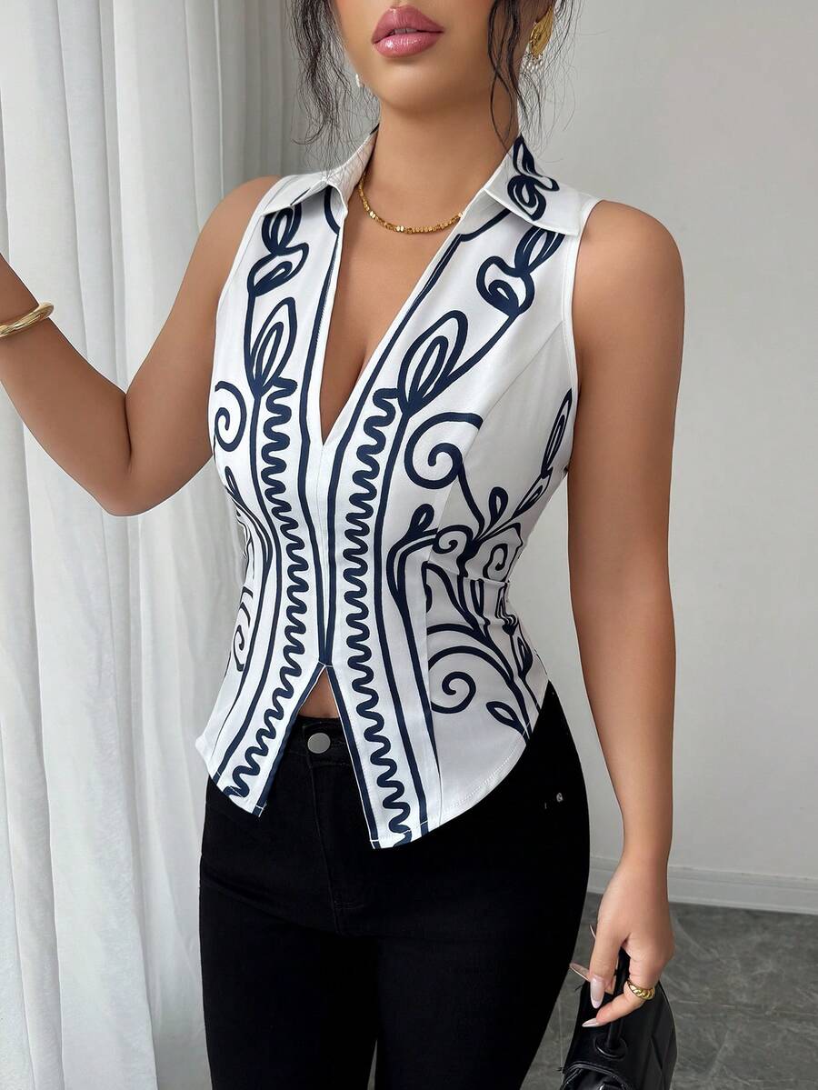 Elenzga 女士优雅宫廷风线条印花深V性感露肩开衩下摆蓝白撞色复古高端上衣，春夏款 - 藍白色 - 查看 1