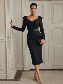 Anewsta Váy bodycon tay bồng cổ chữ V gợi cảm kiểu Pháp cạp cao xẻ tà dành cho nữ - màu đen - Xem 1