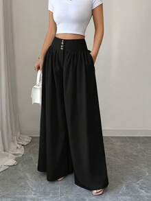 Elenzga 新款女士休闲优雅时尚花卉搭扣设计宽松阔腿裤，亚麻卡其色长裤，适合春夏、感恩节、万圣节等场合，百搭宽松飘逸阔腿裤，黑色阔腿裤，女士休闲裤 - 黑色 - 查看 7